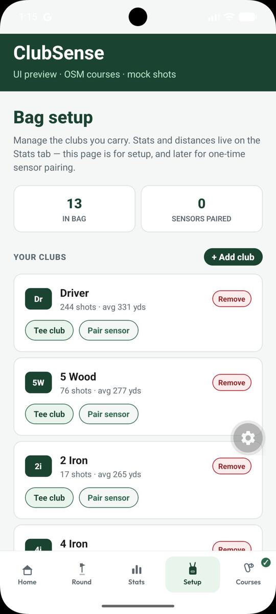 Bag setup listing driver, woods, and irons with pair sensor actions