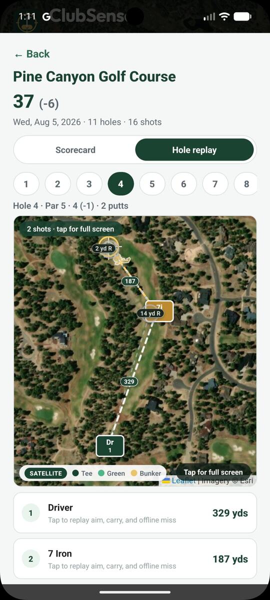 Hole replay of a par 5 with driver and 7 iron shots drawn on the map