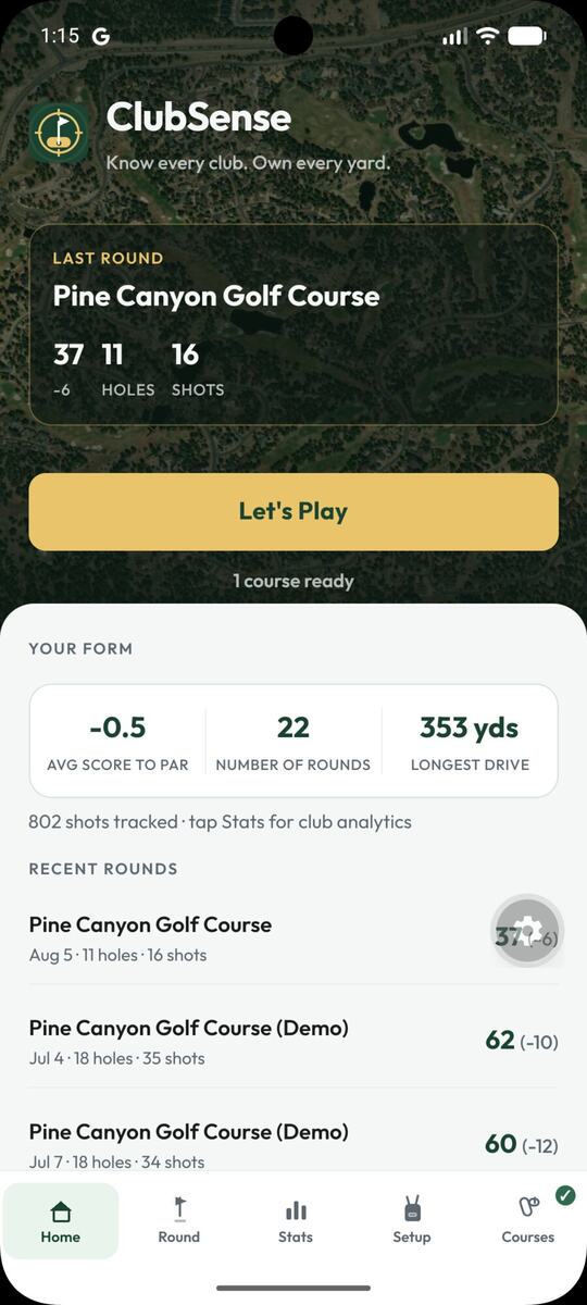 ClubSense home screen over a satellite view of a golf course