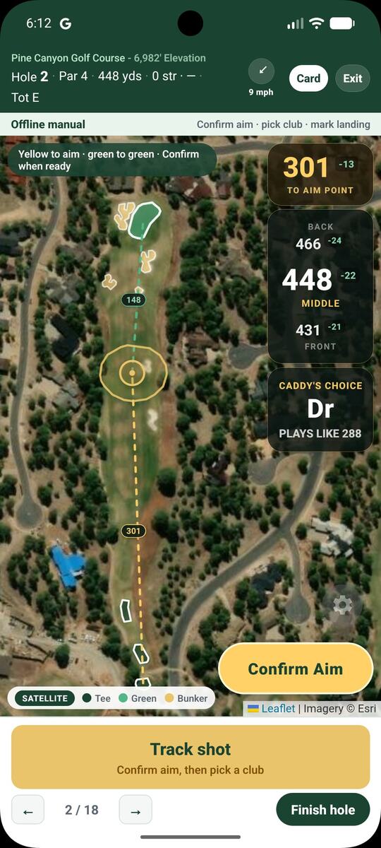 Aim shot on hole 2 with yardages and a driver dispersion ring on the pin